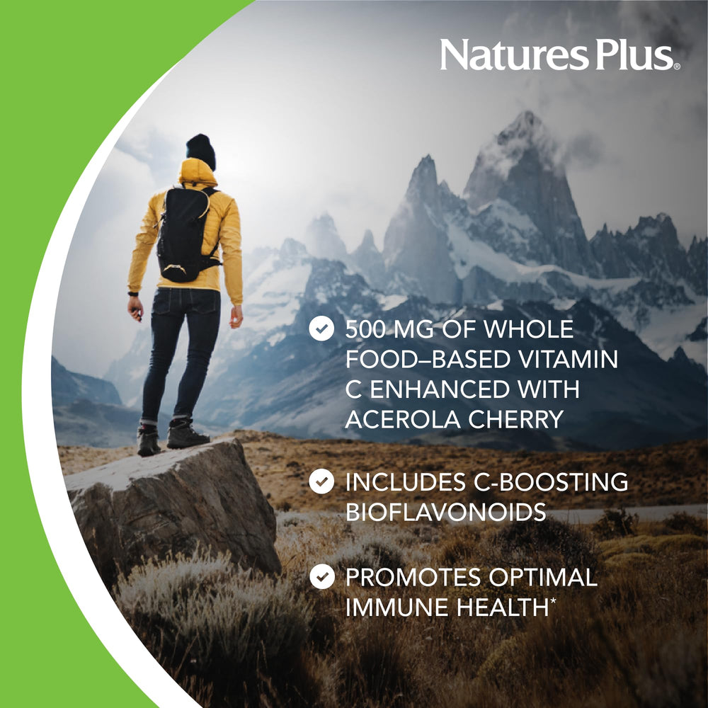 NaturesPlus Immune Vitamin C bottle label highlights bioflavonoids and superfoods.