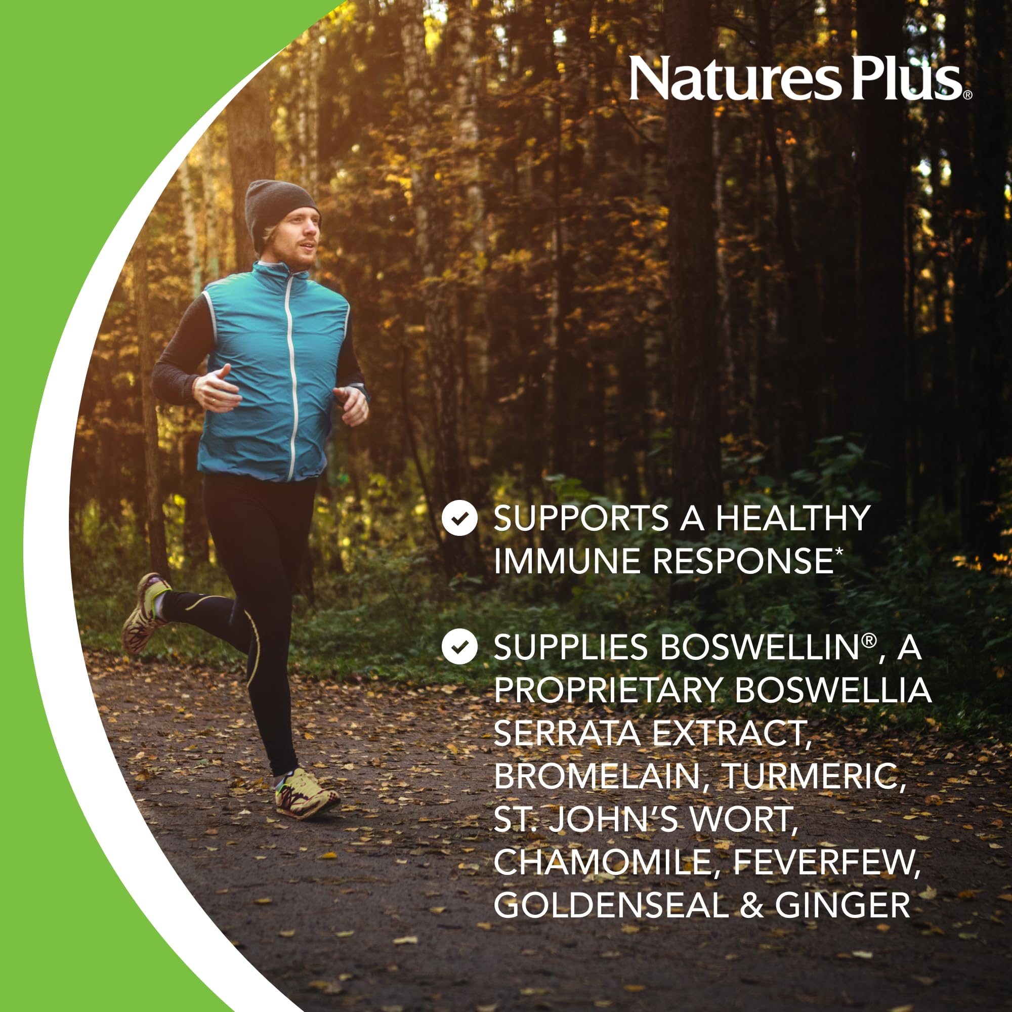 NaturesPlus InflamActin ingredients panel features turmeric and bromelain for a botanical blend.