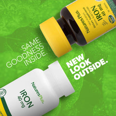 Close-up of NaturesPlus Iron label showing dosage for daily use.