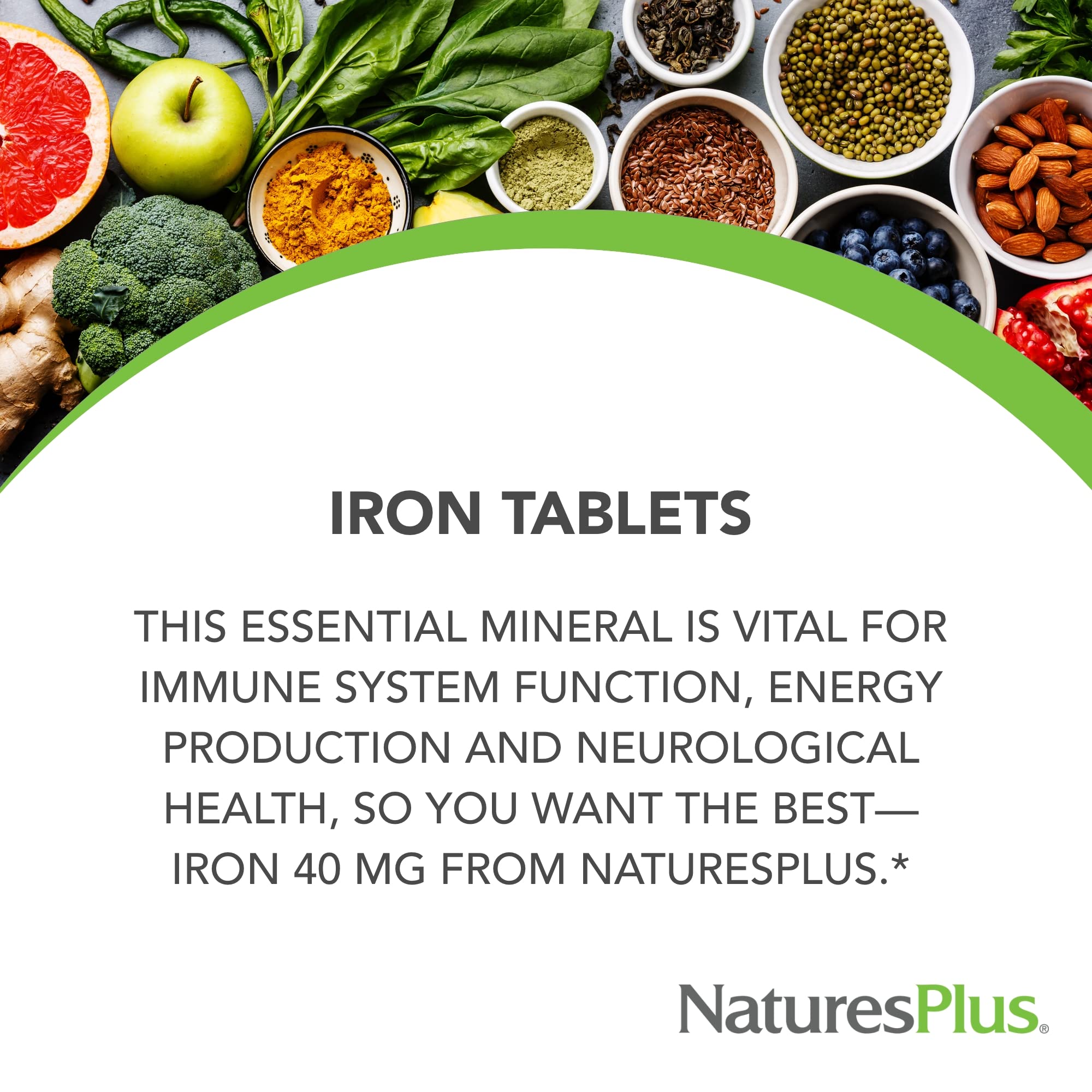 Packaging design highlights gluten-free and vegetarian-friendly iron supplement.