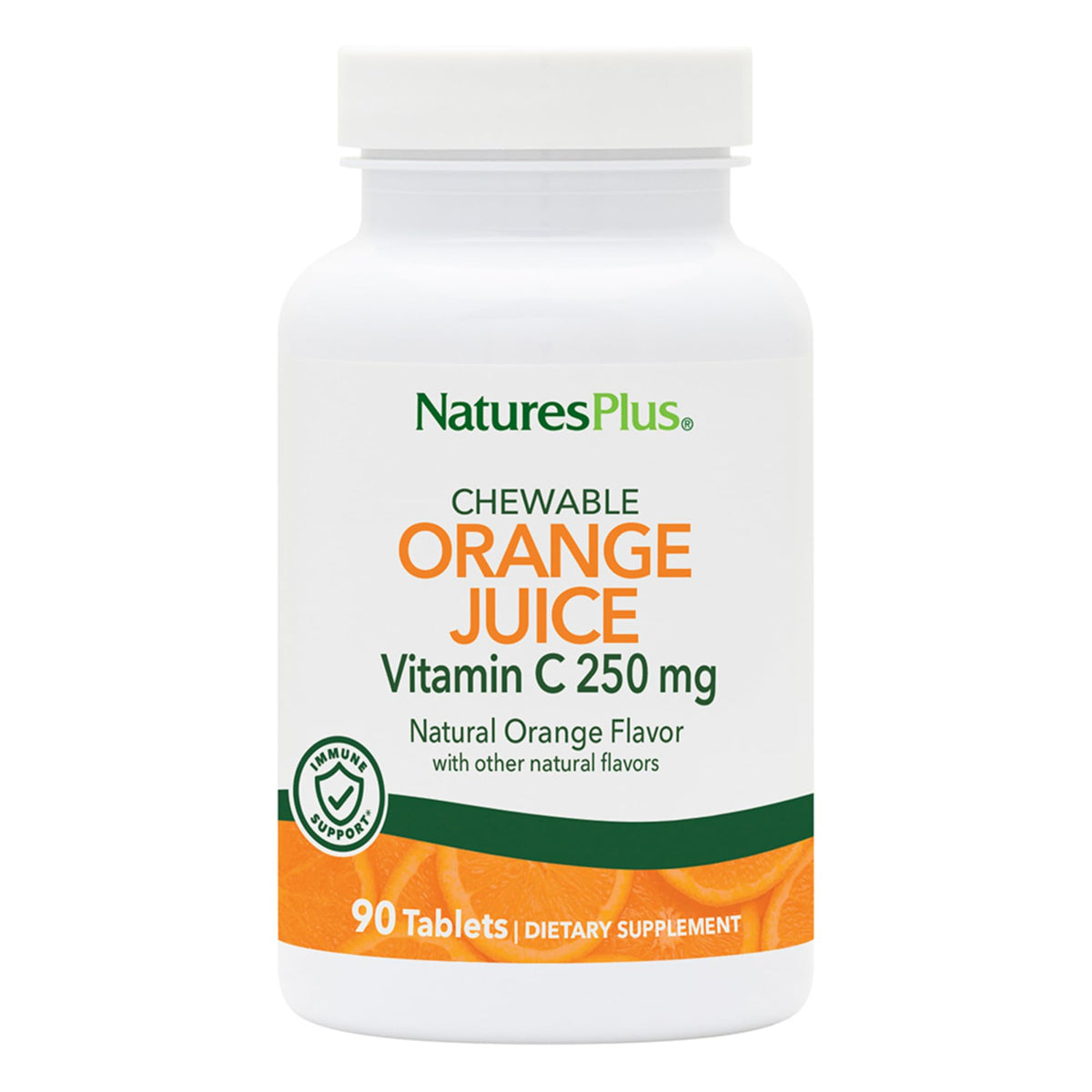 NaturesPlus Jugo Naranja Tabletas frente, sabor cítrico y formato masticable