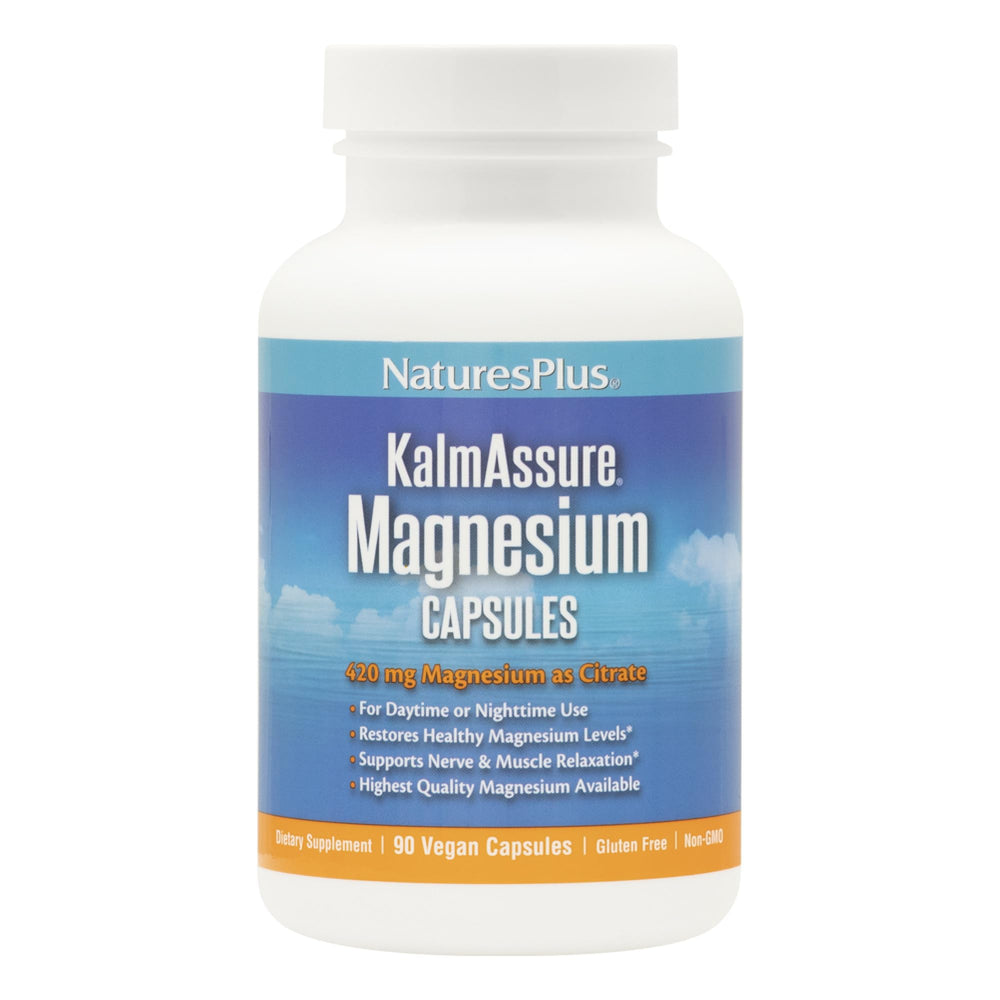 NaturesPlus KalmAssure magnesium 420mg bottle on a shelf promotes relaxed muscles.