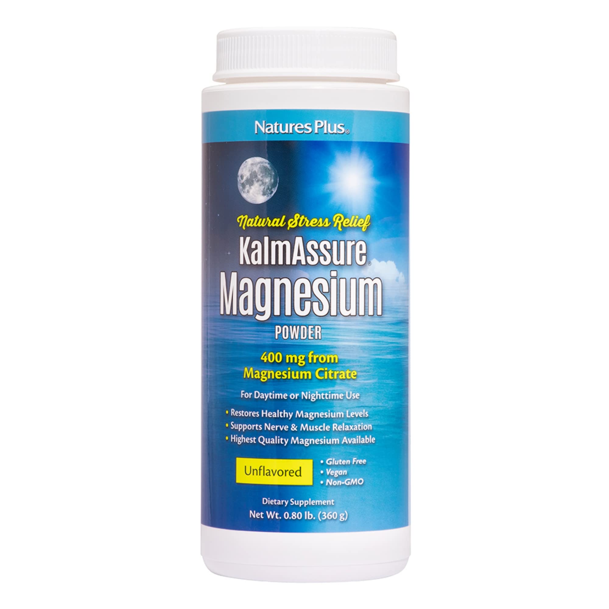 NaturesPlus KalmAssure container with unflavored powder for versatile daily use.