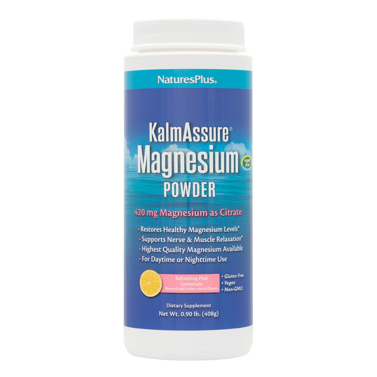 Nature's Plus KalmAssure pink lemonade powder in a jar for daily relaxation.