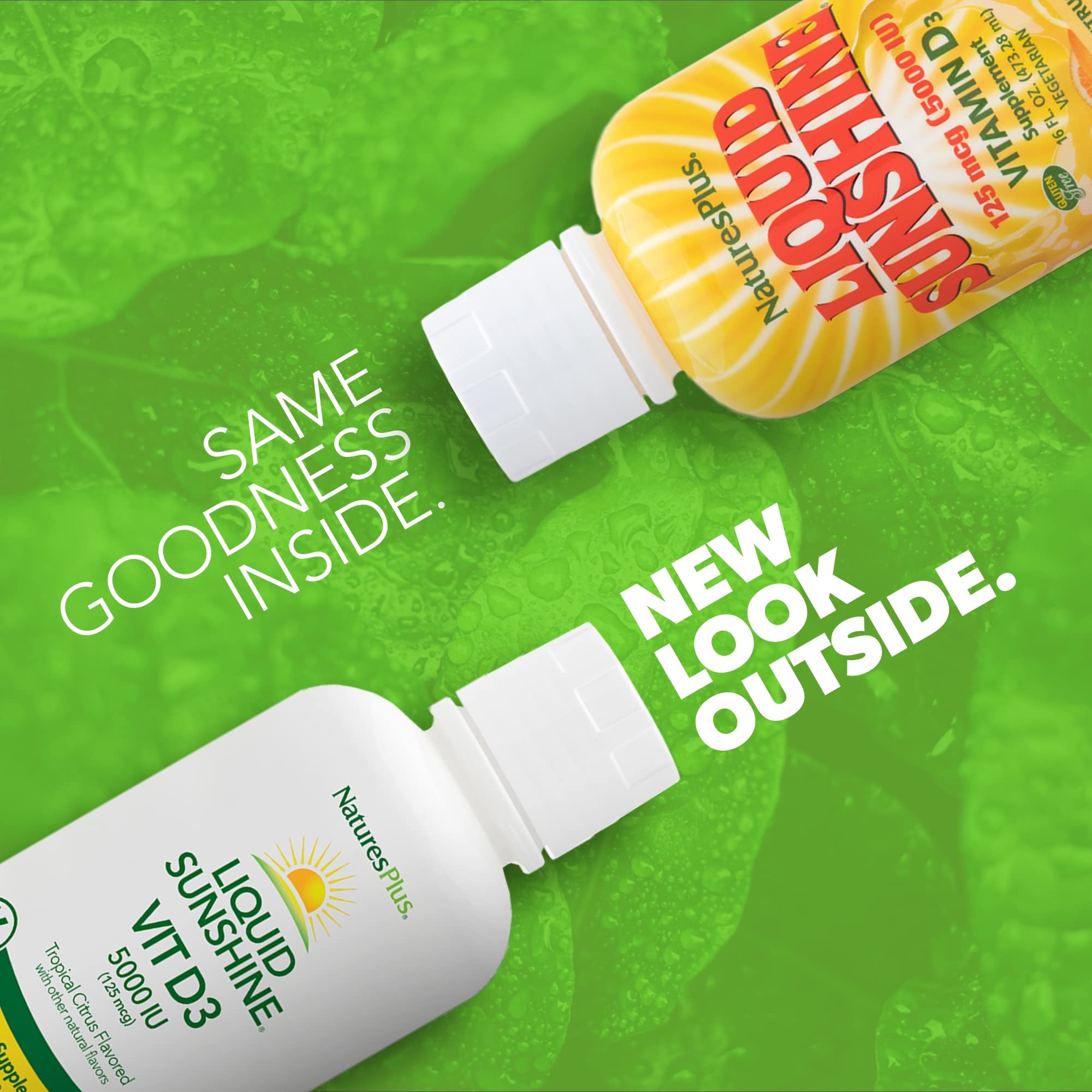 Nature'sPlus Liquid Sunshine D3 pour image demonstrates convenient daily supplementation