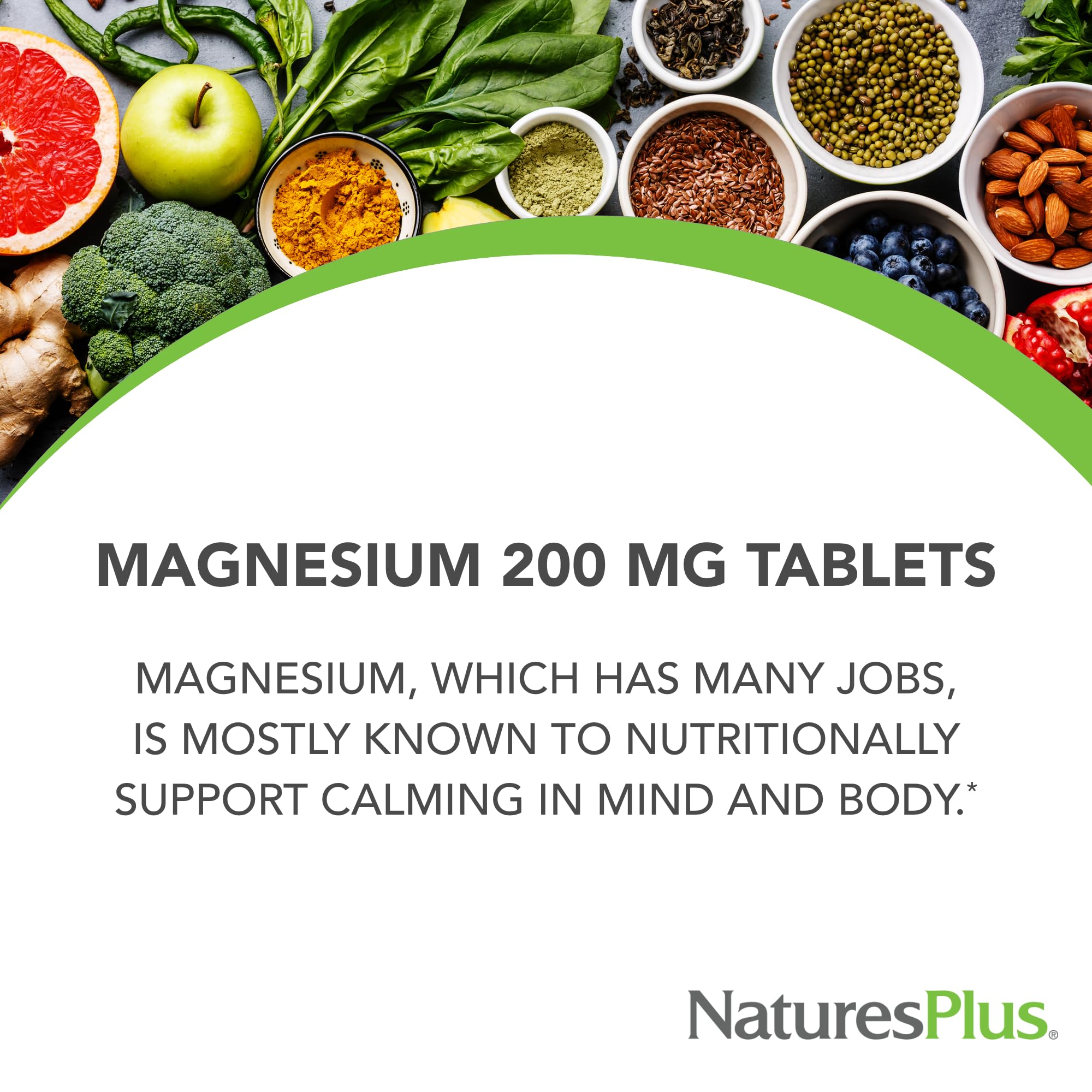 Graphic highlighting NaturesPlus Magnesium amino acid chelate at 200 mg per tablet.