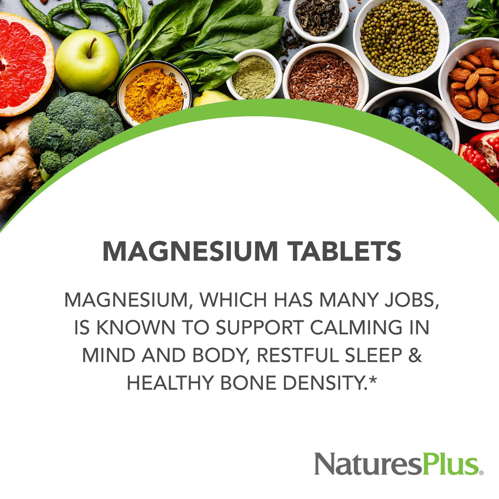 NaturesPlus Magnesium bottle label, signaling quality and vegetarian, gluten-free features.