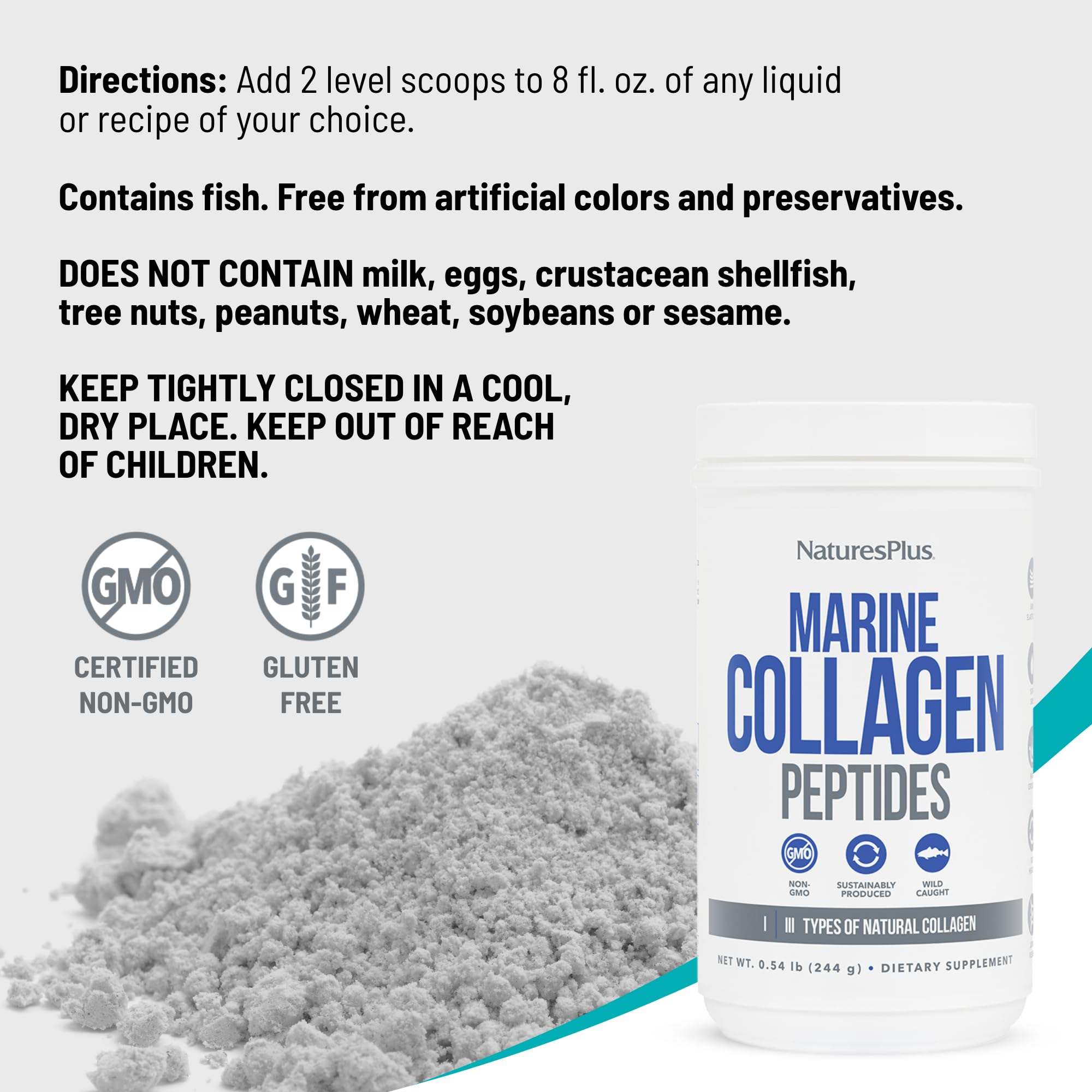 NaturesPlus Marine Collagen Peptides gluten-free and non-GMO formula.
