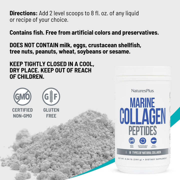 NaturesPlus Marine Collagen Peptides gluten-free and non-GMO formula.