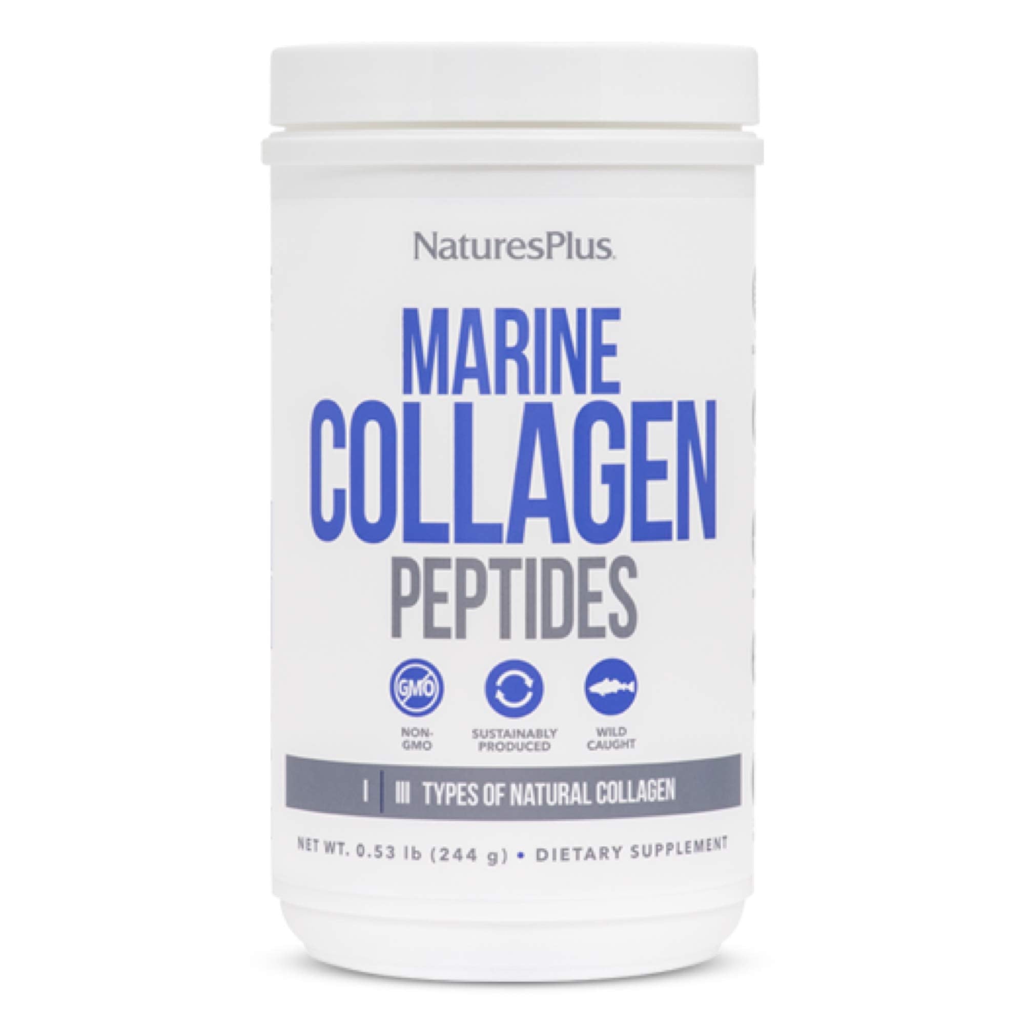 NaturesPlus Marine Collagen Peptides unflavored tub front, supporting skin elasticity.