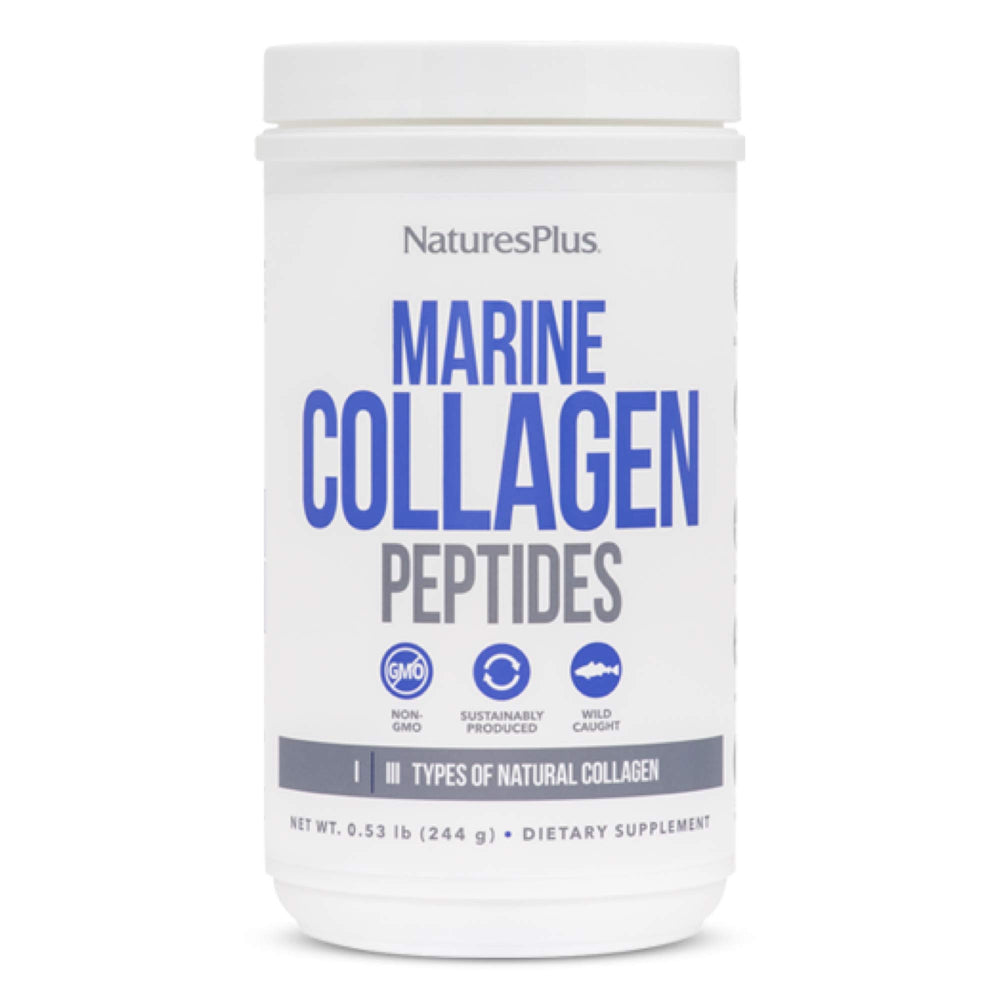 NaturesPlus Marine Collagen Peptides unflavored tub front, supporting skin elasticity.