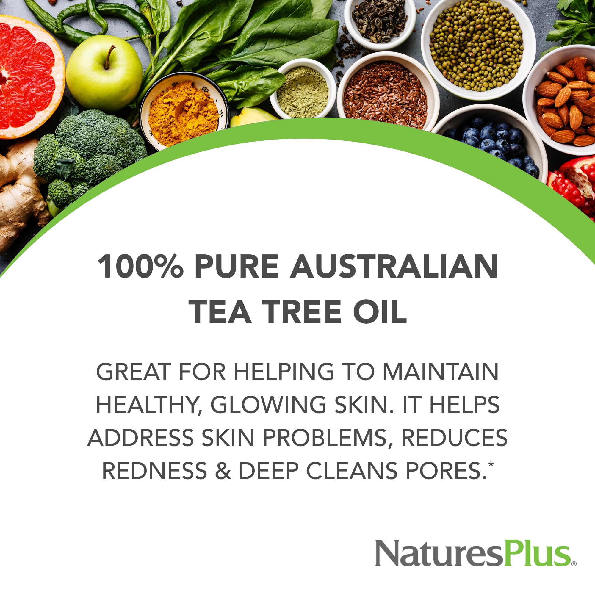 Nature'sPlus Meditree Tea Tree Oil dropper image highlights purity for soothing pores.