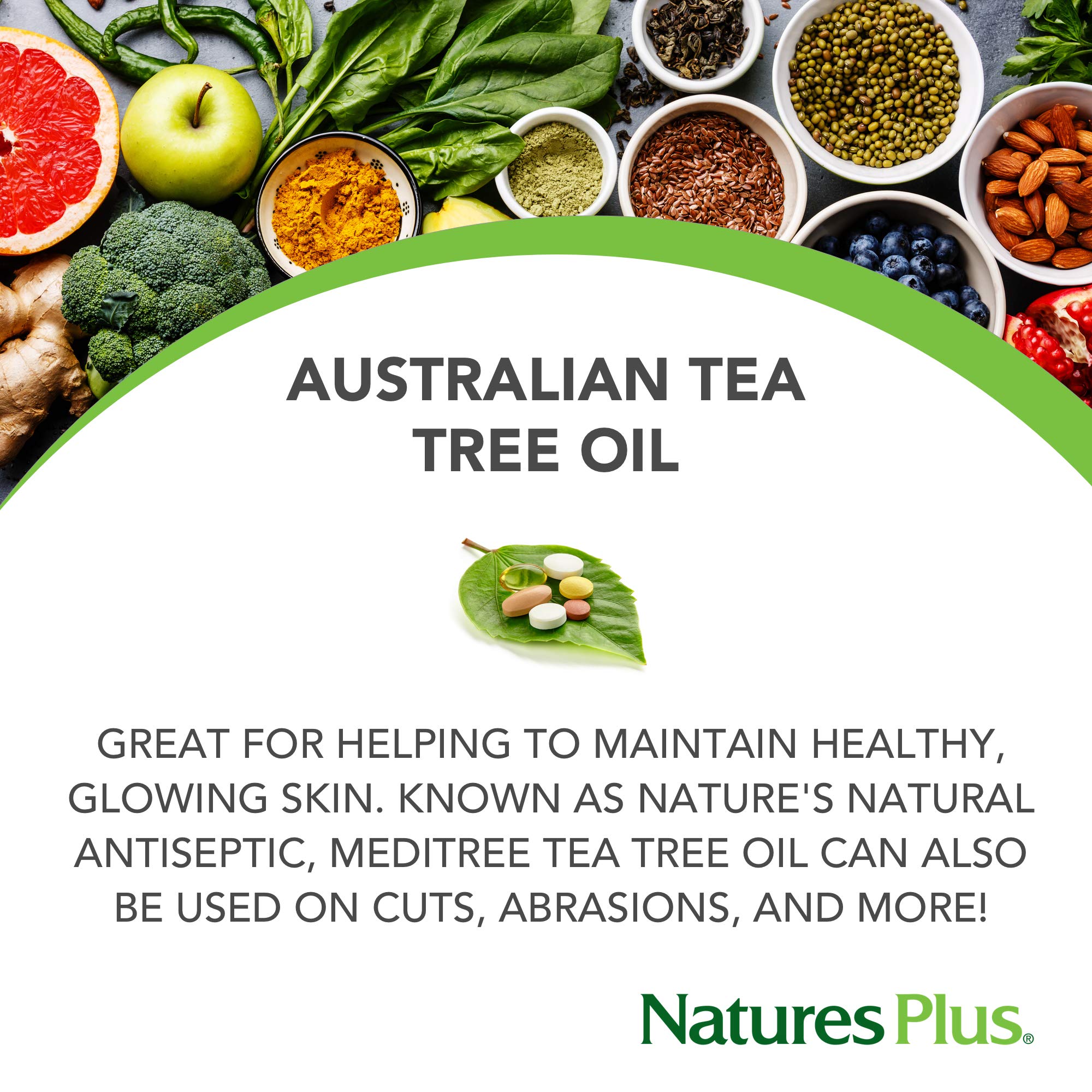 NaturesPlus Meditree Tea Tree Oil dropper shows precise dosing for pore cleansing