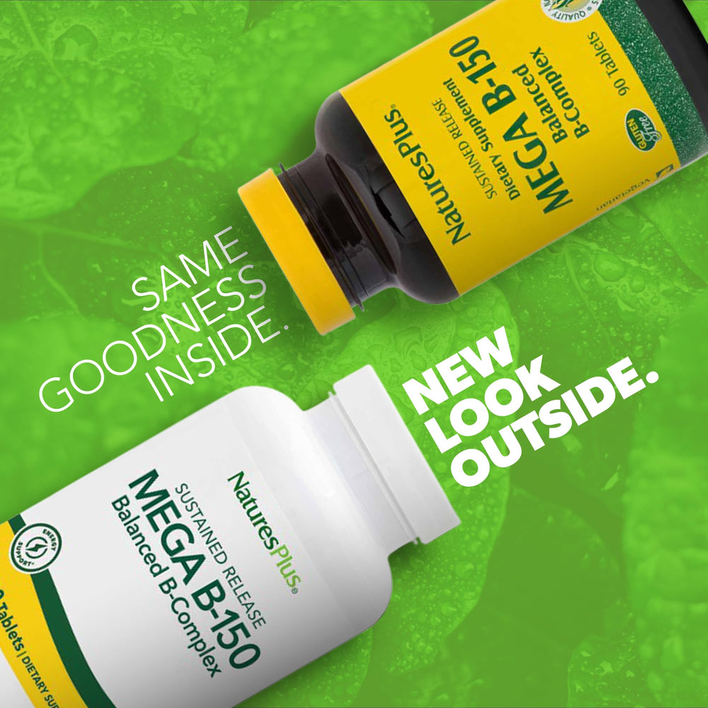 Close-up of NaturesPlus Mega B-150 tablets showing vegetarian B-complex