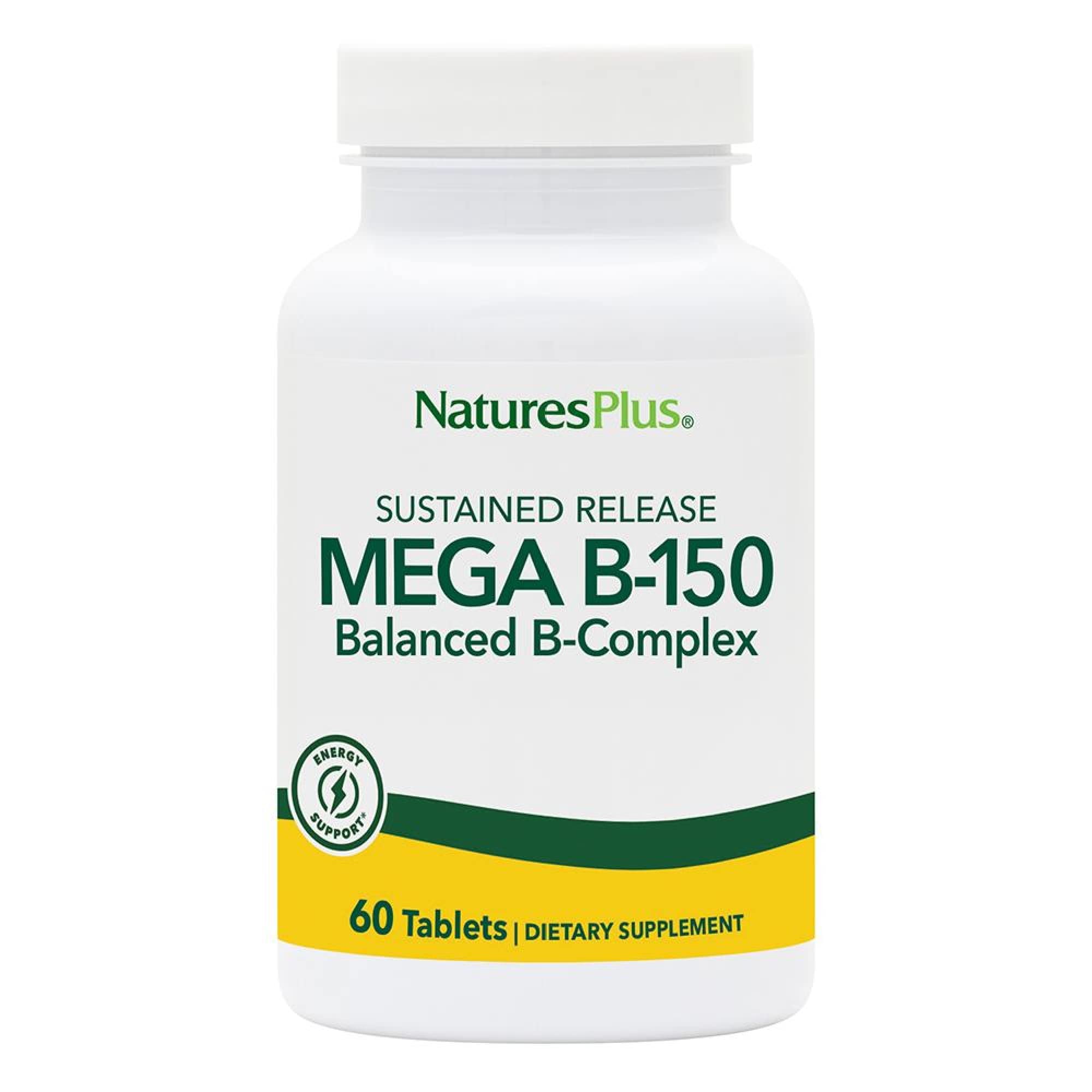 NaturesPlus Mega B150 Complex bottle front highlights sustained-release design for balanced daily energy