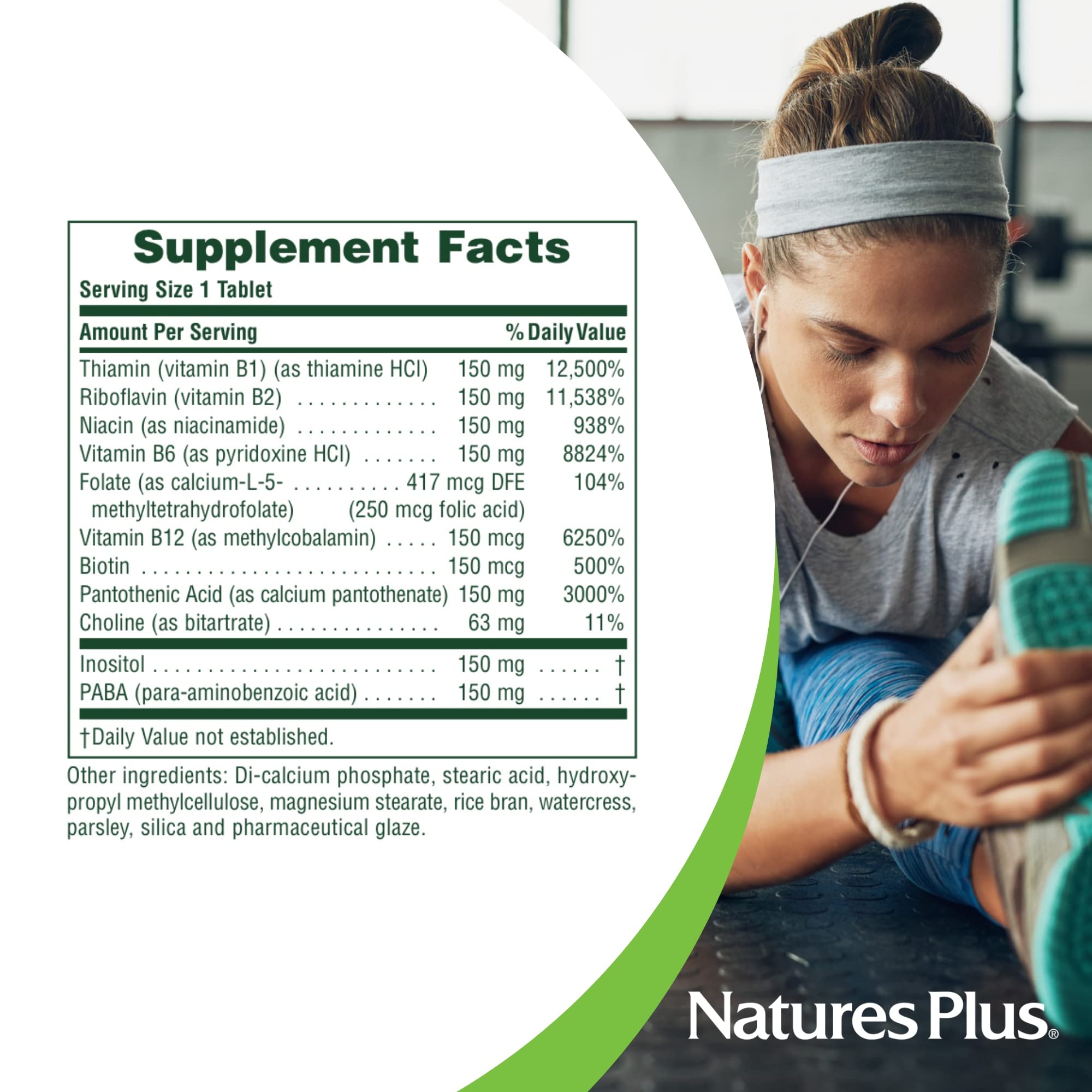NaturesPlus Mega B150 Complex gluten-free label on bottle supports allergen-conscious use