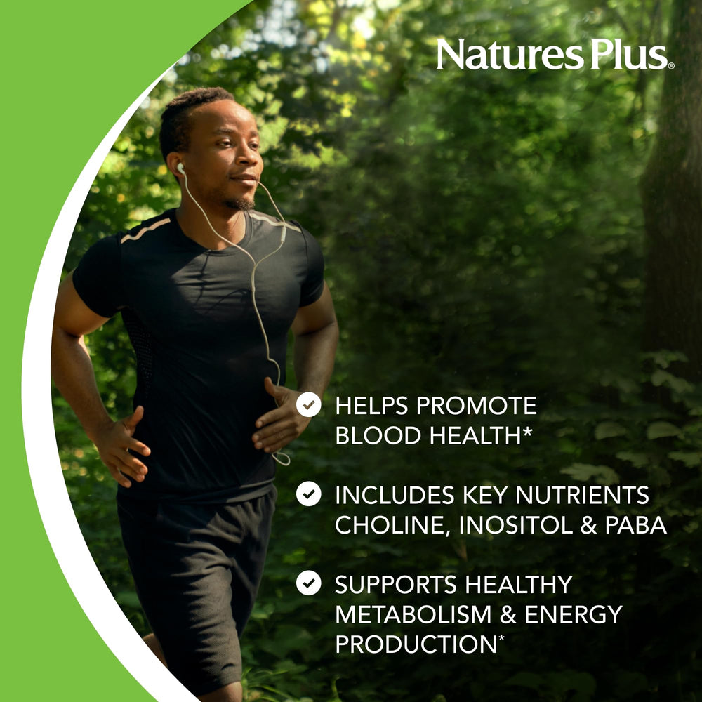 NaturesPlus Mega B150 Complex sustained-release tablets illustrating gradual ingredient release throughout the day