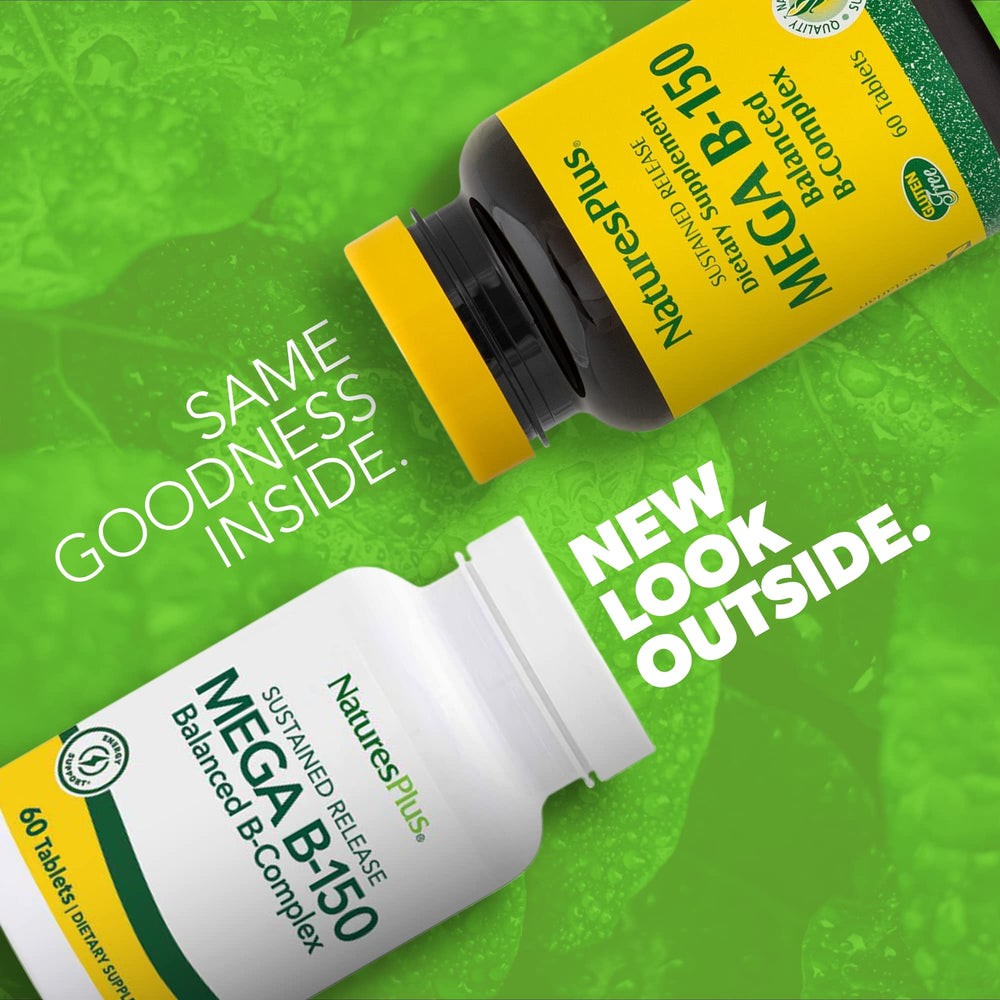 NaturesPlus Mega B150 Complex tablets close-up showing compact vegetarian tablets for easy daily use