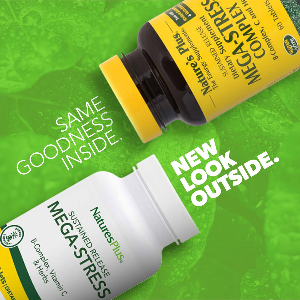 NaturesPlus Mega-Complex bottle back with ingredients and chamomile blend