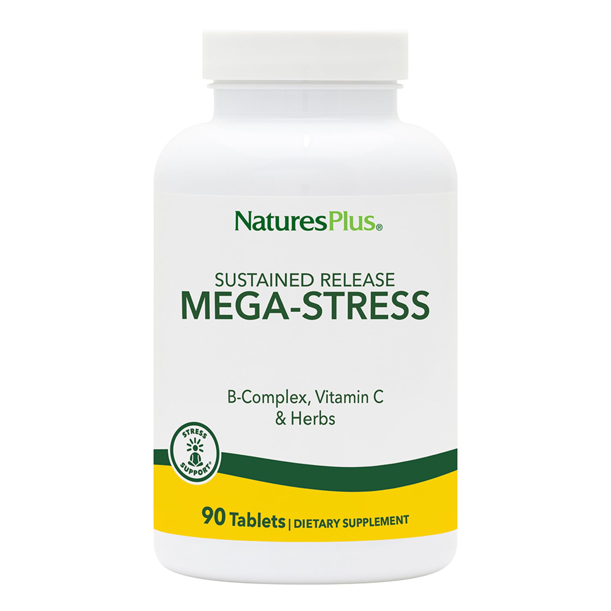 NaturesPlus Mega-Stress Complex bottle front view highlighting gluten-free vegetarian formula