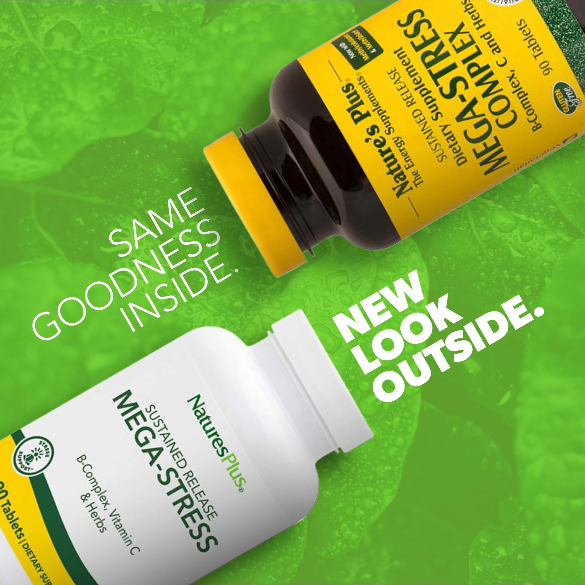 Close-up of Mega-Stress tablets emphasizing sustained-release design for steady daily support