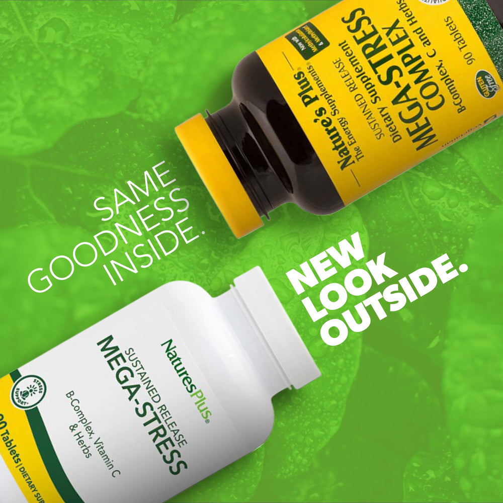 Close-up of Mega-Stress tablets emphasizing sustained-release design for steady daily support