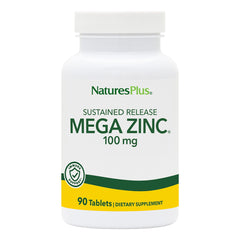 NaturesPlus Mega Zinc 100 mg tablet close-up highlighting sustained-release formula.