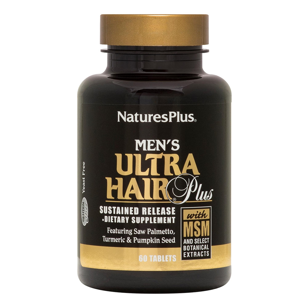 NaturesPlus Men's Ultra Hair Plus bottle showing sustained-release tablets for daily hair vitality.