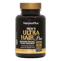 NaturesPlus Men's Ultra Hair Plus bottle showing sustained-release tablets for daily hair vitality.
