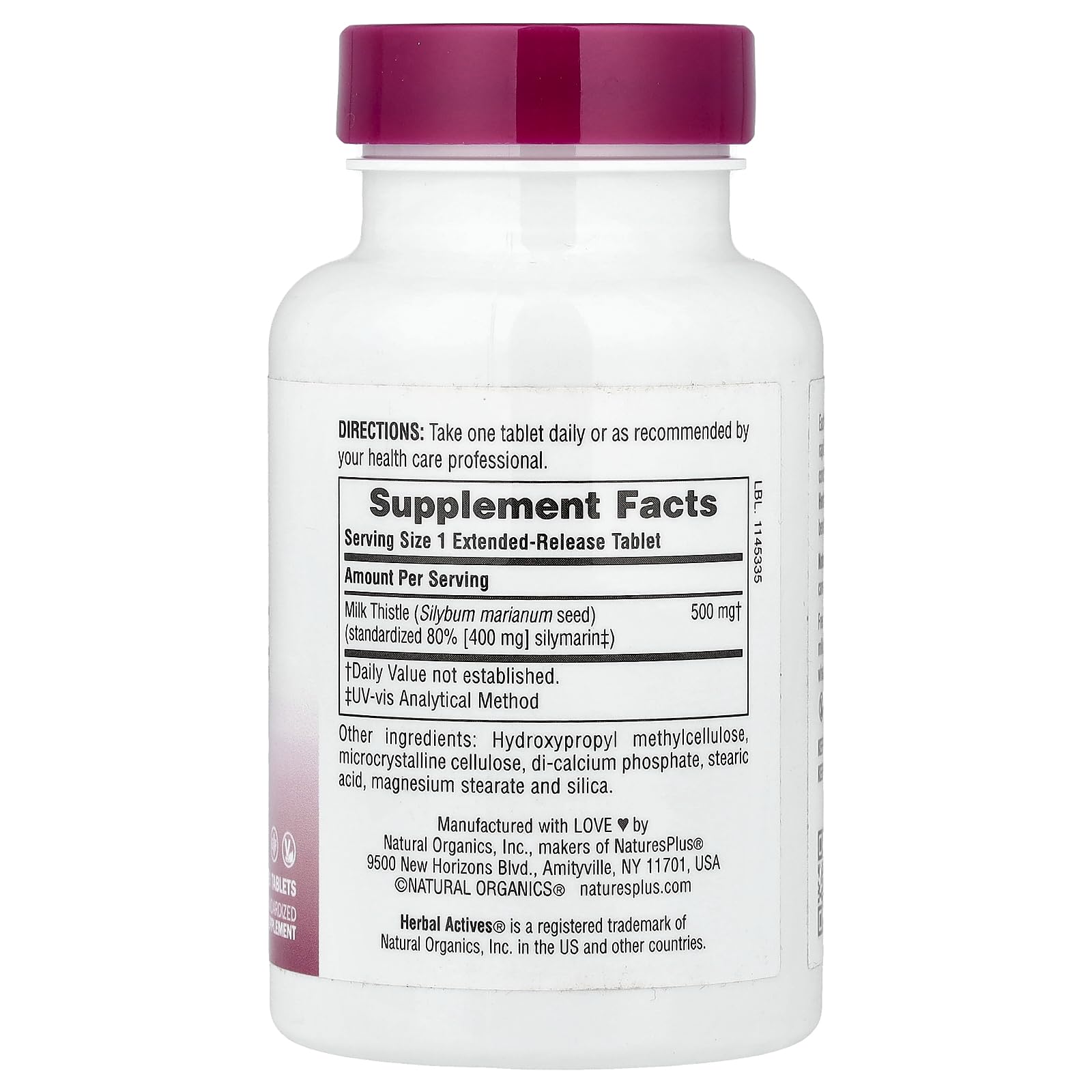 NaturesPlus Milk Thistle 80% silymarin 500mg tablets highlighting potential daily use.