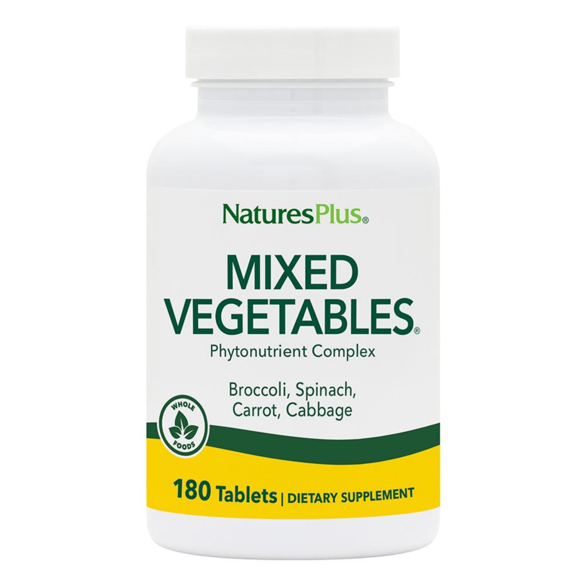 NaturesPlus Mixed Vegetables tablets bottle front for convenient daily greens.