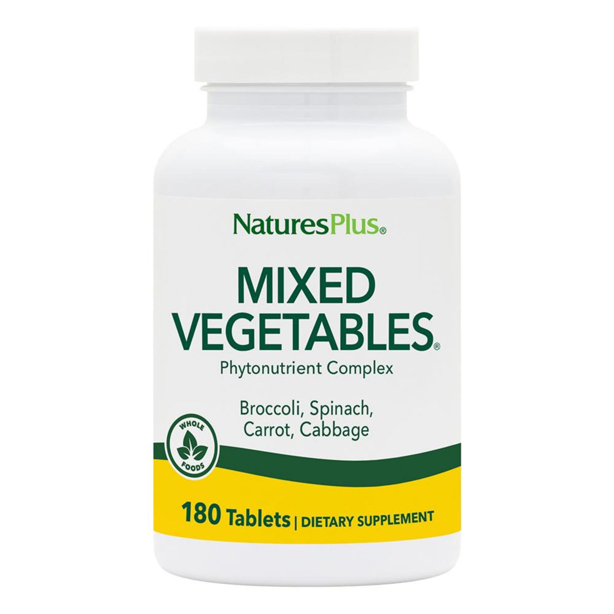 NaturesPlus Mixed Vegetables tablets bottle front for convenient daily greens.