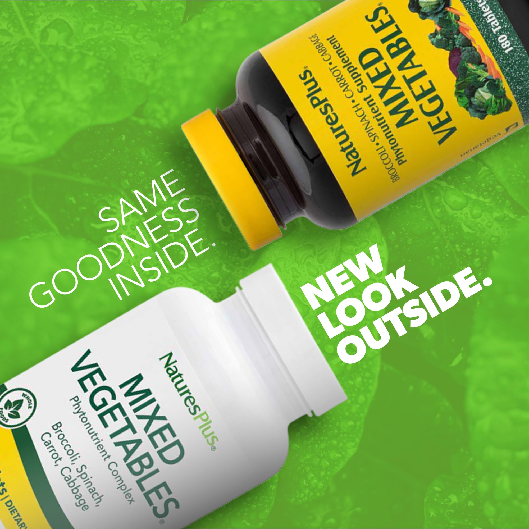 NaturesPlus Mixed Vegetables bottle label detail showing 1300 mg per serving.