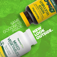 NaturesPlus Mixed Vegetables bottle label detail showing 1300 mg per serving.