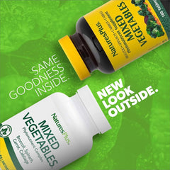 NaturesPlus Mixed Vegetables bottle back label with ingredients and serving guidance.