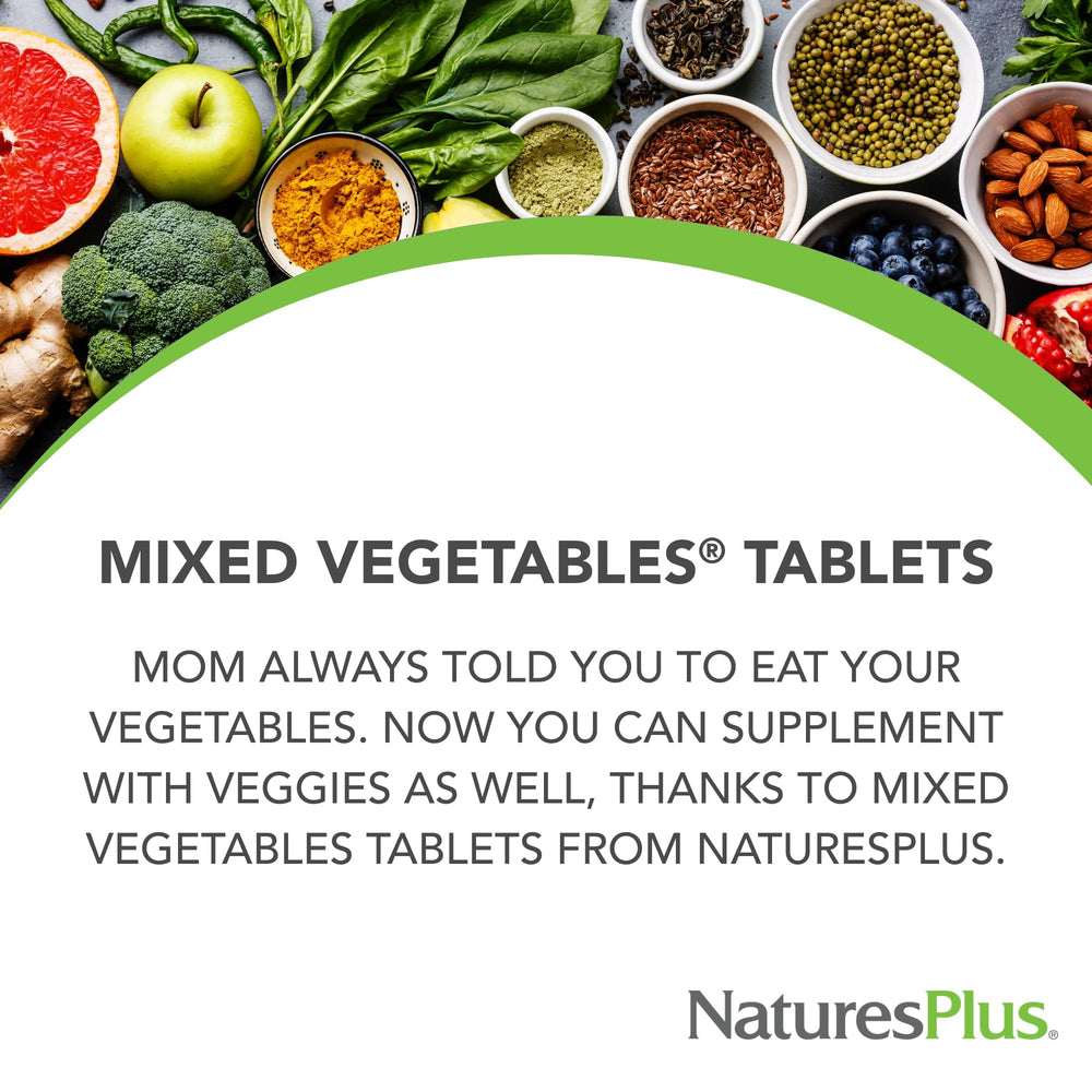 NaturesPlus Mixed Vegetables tablets close-up highlighting compact greens.