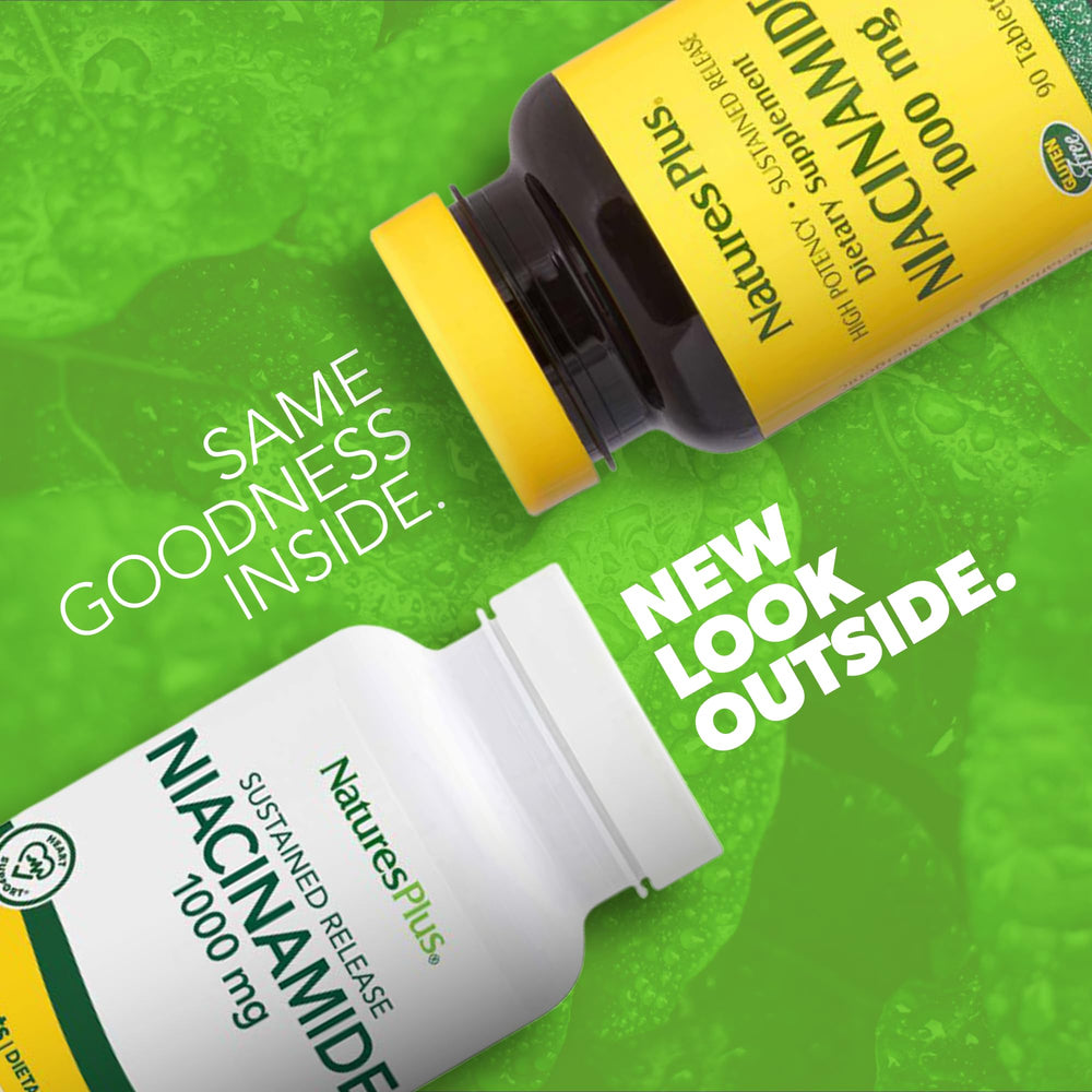 NaturesPlus Niacinamide 1000 mg label close-up highlights non-flush formula and clean ingredients.