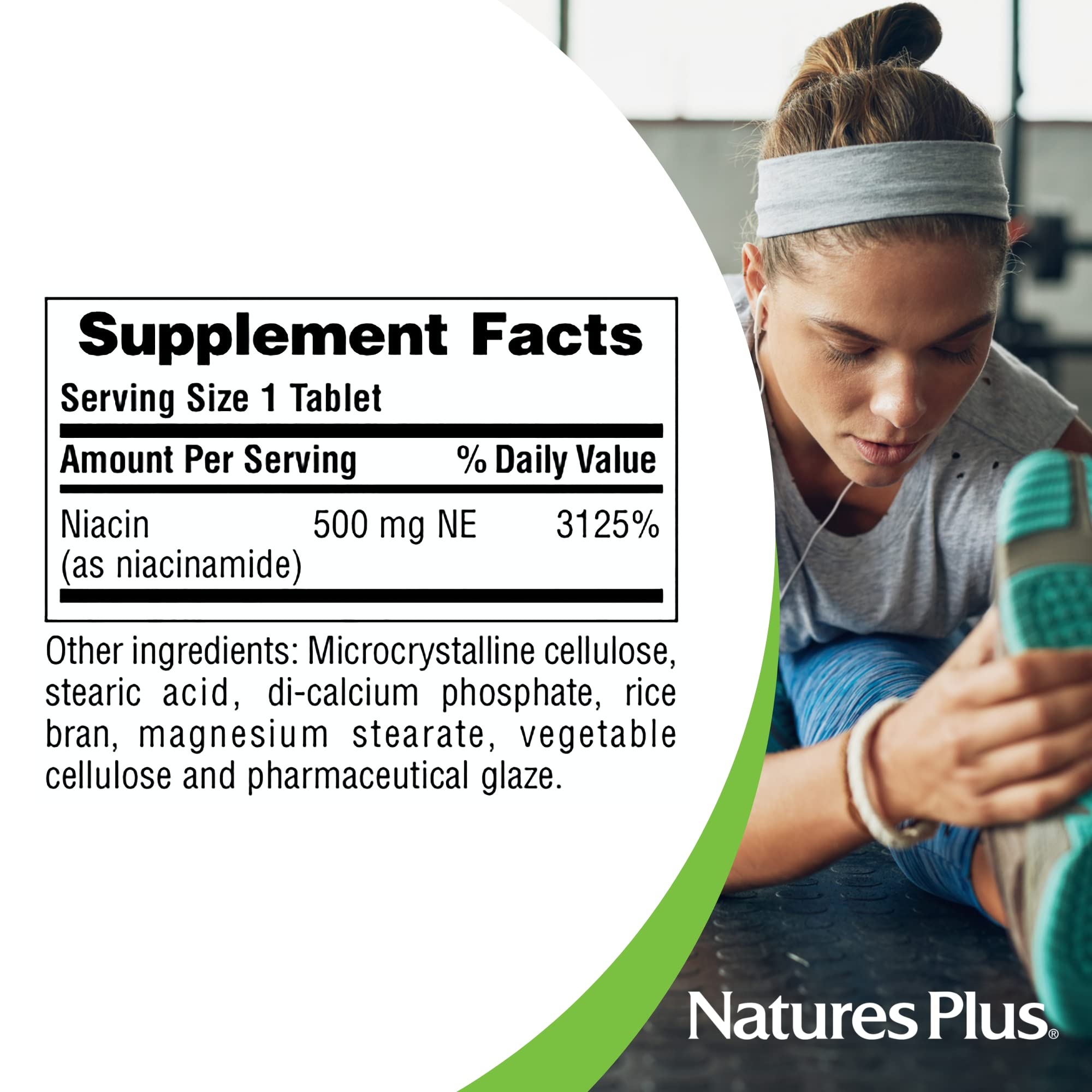 NaturesPlus Niacinamide gluten free icon highlights allergy friendly 500mg tablets.