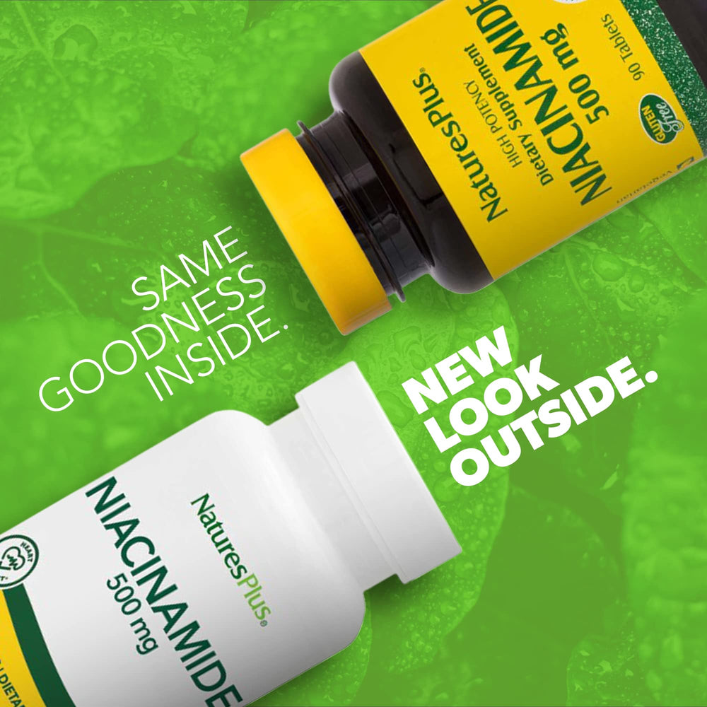 Closeup of NaturesPlus Niacinamide 500mg tablets emphasizes high potency.