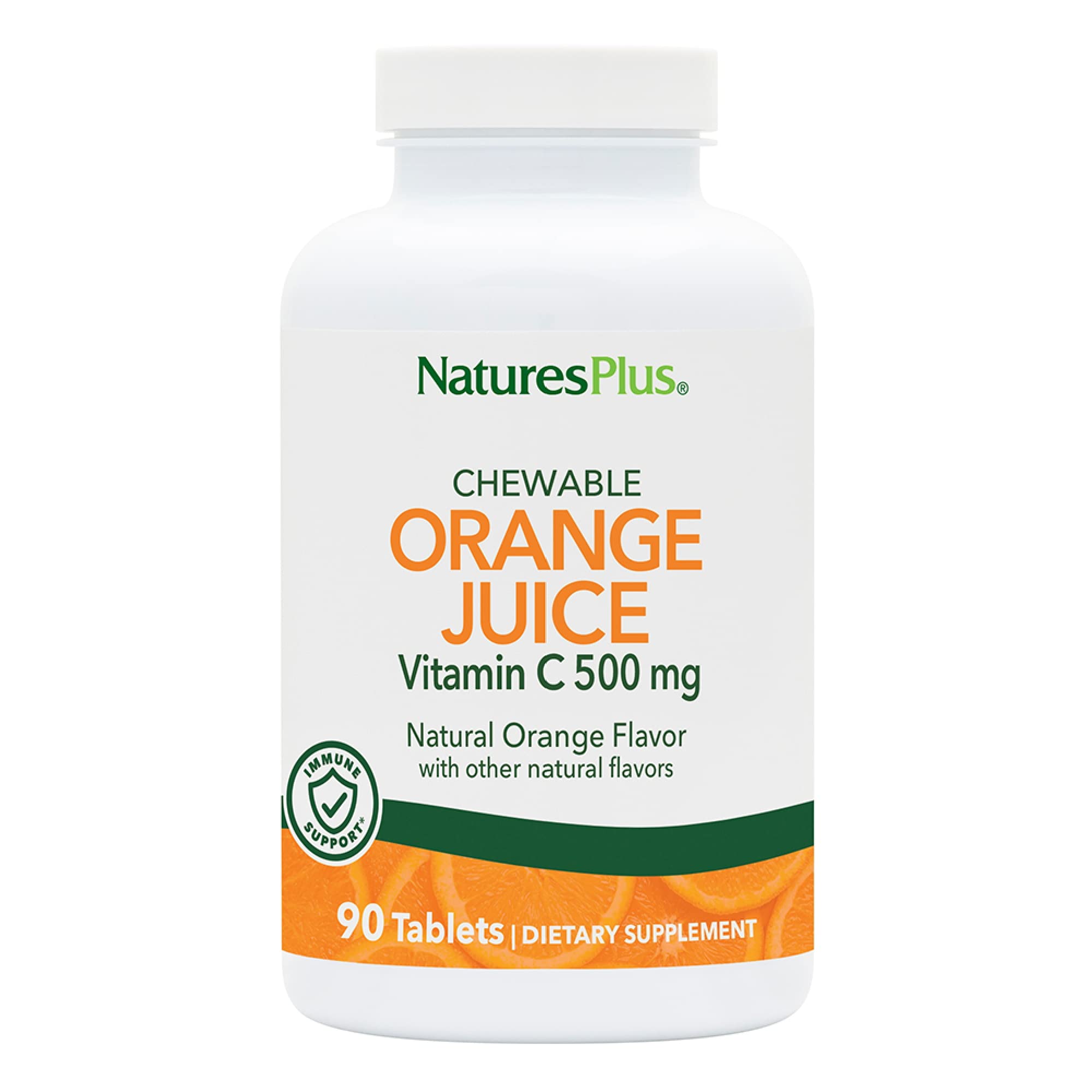 NaturesPlus Orange Juice chewable tablets bottle highlighting convenient daily vitamin C.