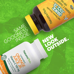 NaturesPlus Orange Juice Jr. chewables close-up highlights 100 mg vitamin C per tablet.