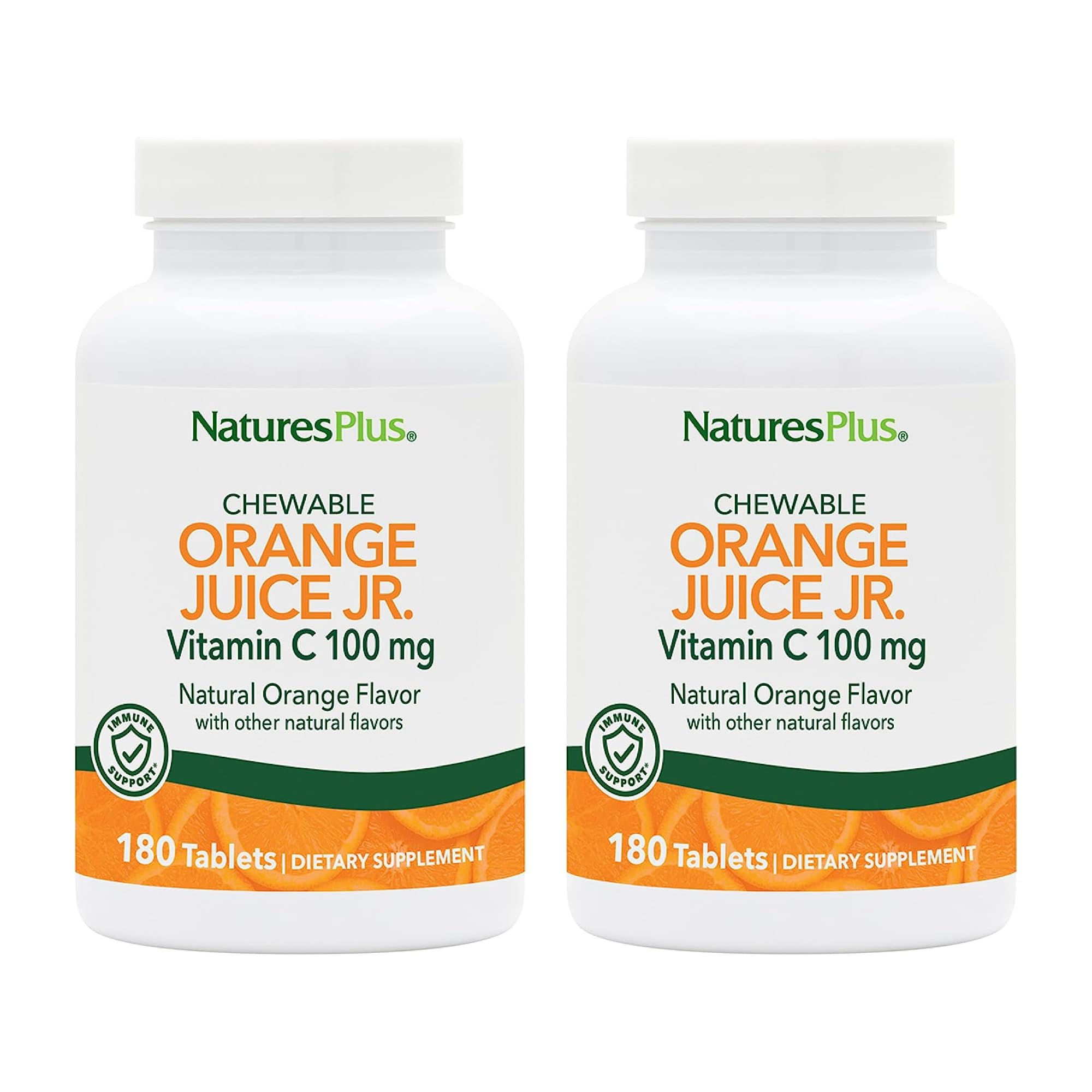 NaturesPlus Orange Juice Jr. bottle front with 360 chewables and 100 mg Vitamin C.
