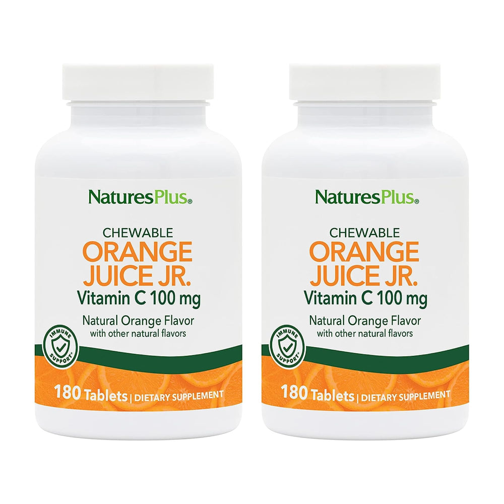 NaturesPlus Orange Juice Jr. bottle front with 360 chewables and 100 mg Vitamin C.