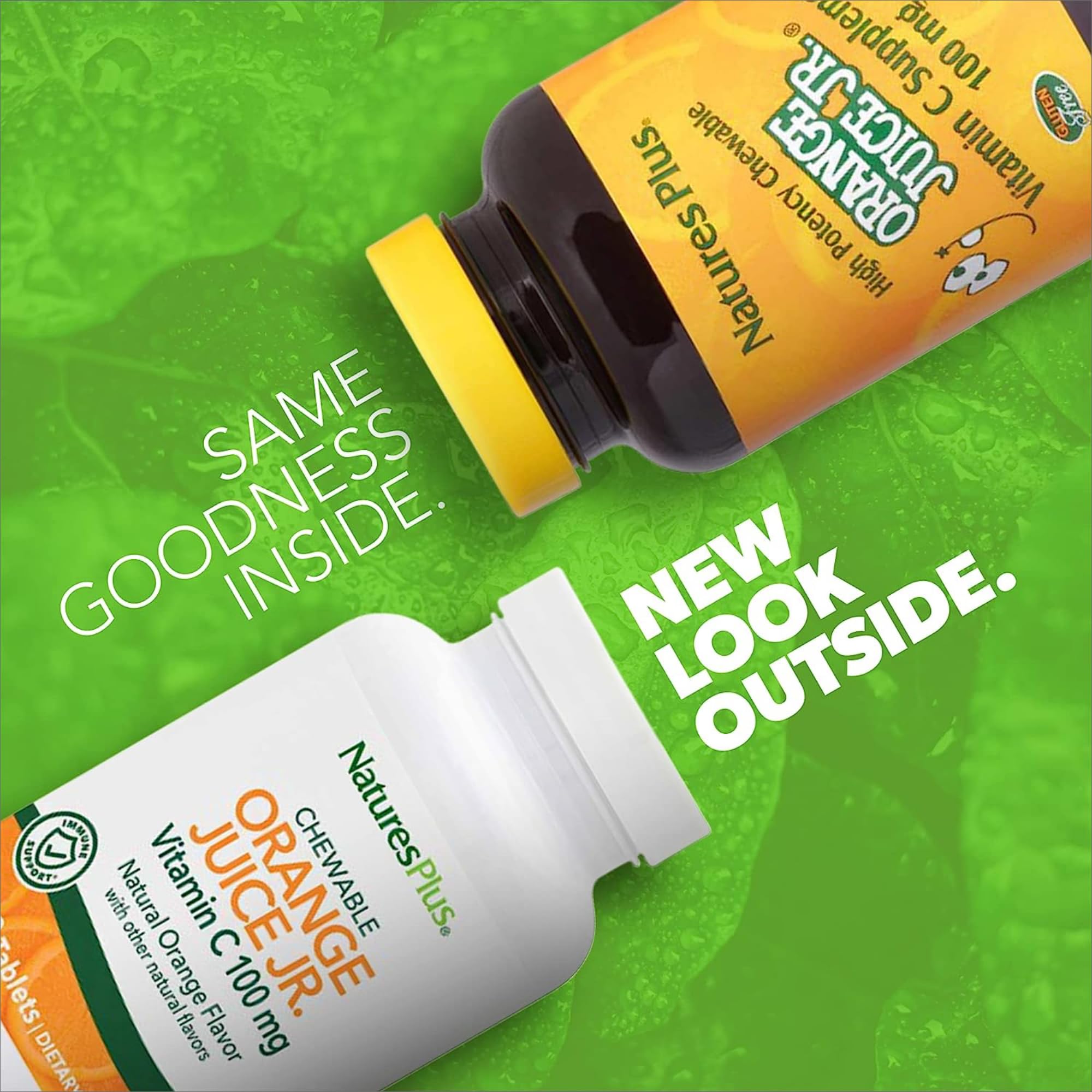 NaturesPlus Orange Juice Jr. bottle side shows vegetarian, gluten-free formula.