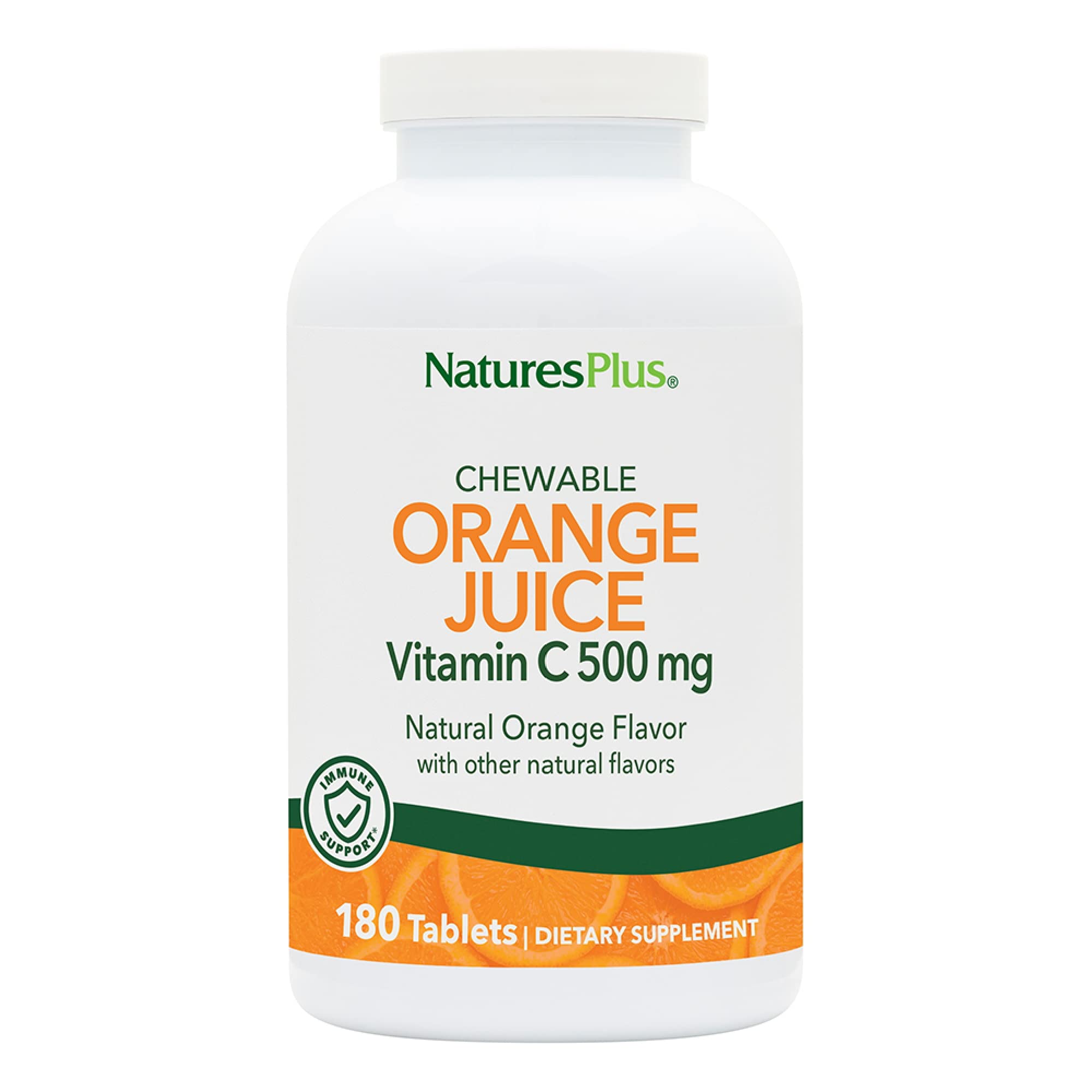 NaturesPlus Orange Juice Vitamin C chewable tablets offer daily immune support.