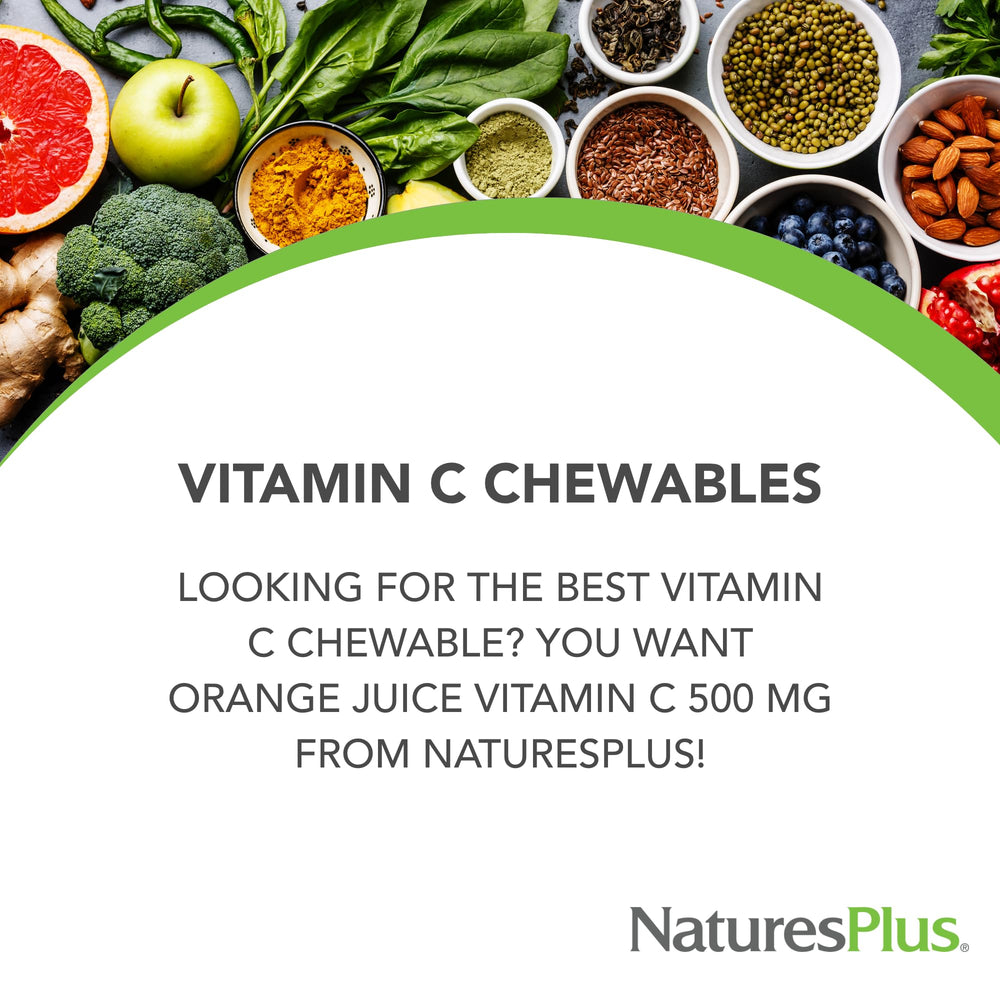 NaturesPlus Orange Juice Vitamin C chewable close-up highlighting buffering for stomach comfort