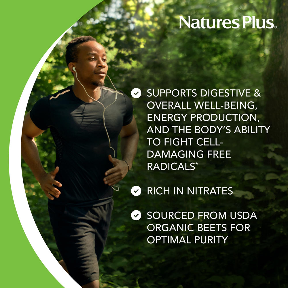NaturesPlus Organic Beet capsules bottle ready for everyday use.