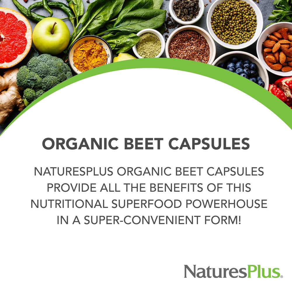 NaturesPlus Organic Beet capsules closeup shows vibrant color and fermentation quality.