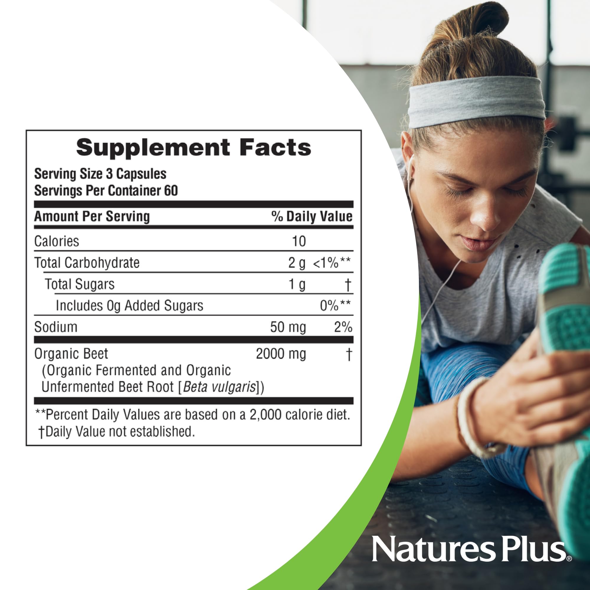 NaturesPlus Organic Beet capsules label displays USDA Organic and vegan credentials.