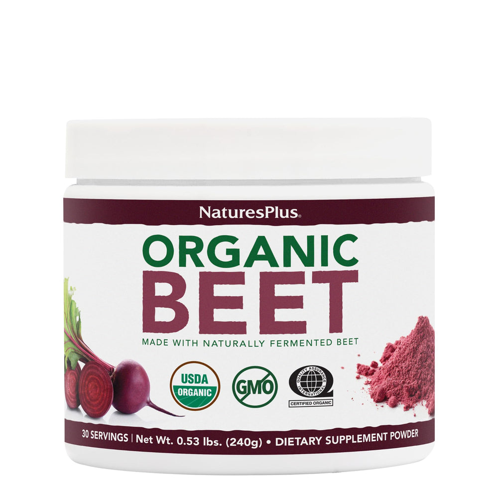 NaturesPlus Organic Beet Powder bottle with vibrant red powder for a convenient daily boost.